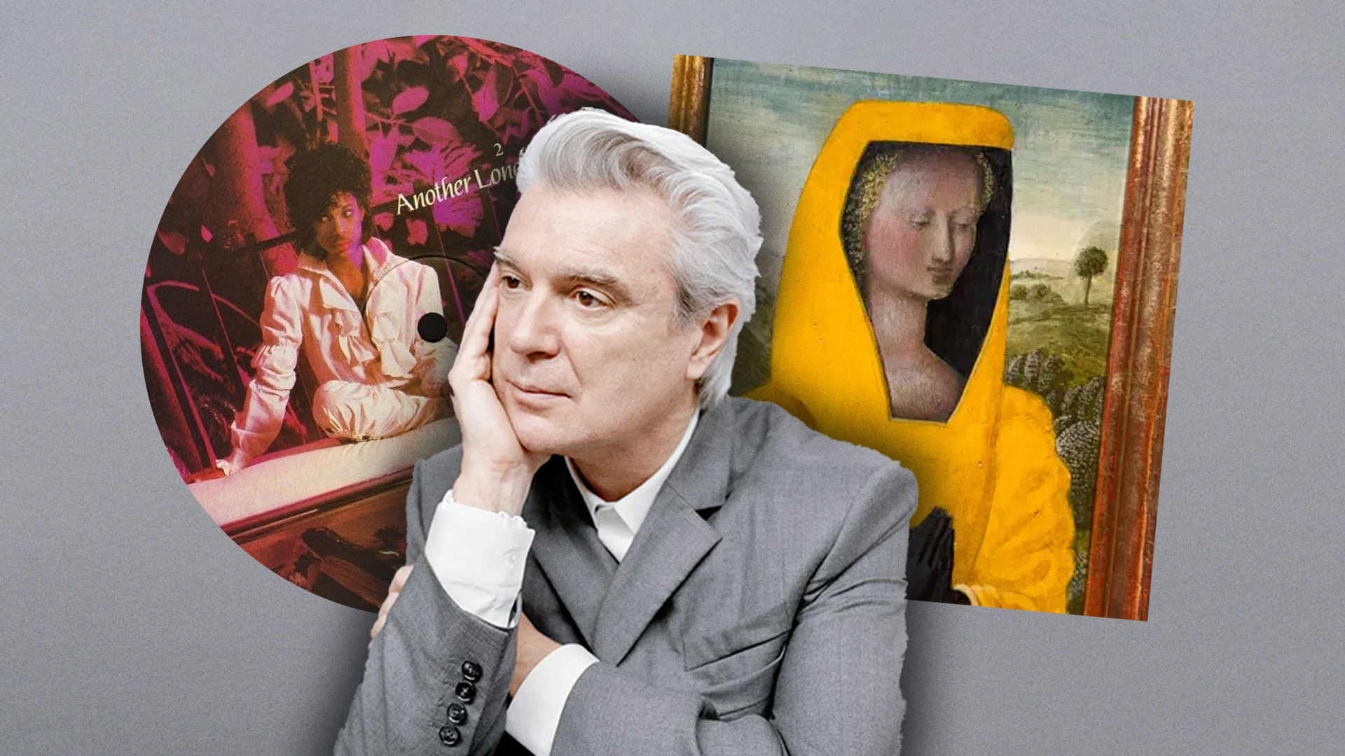 David Byrne with hand on chin looking off into the distance with image of Prince's 'Another Lonely Christmas' album cover and Byrne's christmas playlist album cover in background 