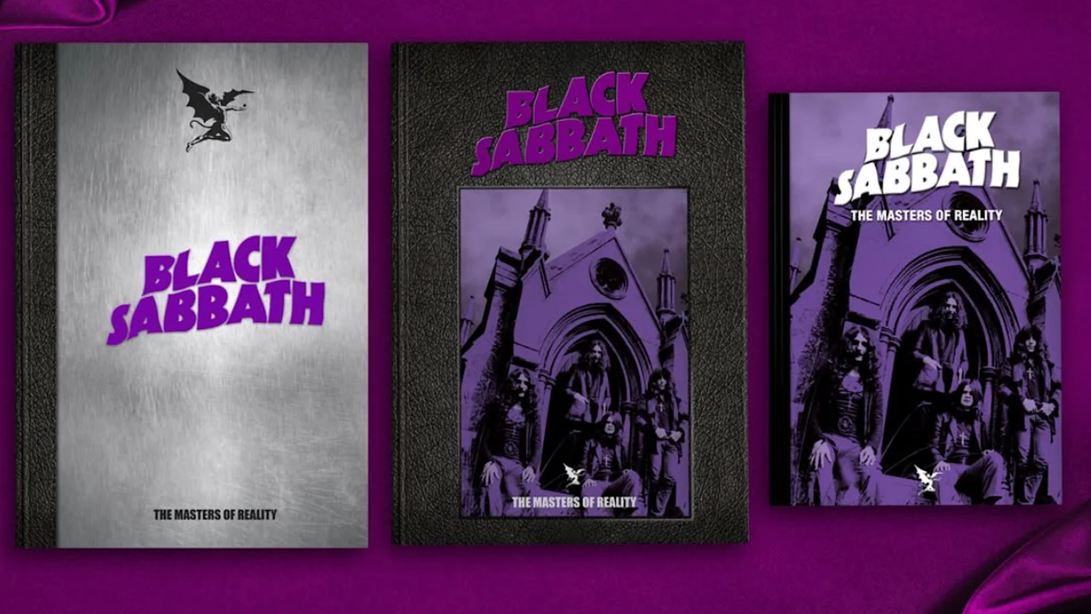 The image shows three Black Sabbath "The Masters of Reality" books with distinct covers: a silver one with a devil silhouette, and two purple ones featuring the band in front of a gothic building.
