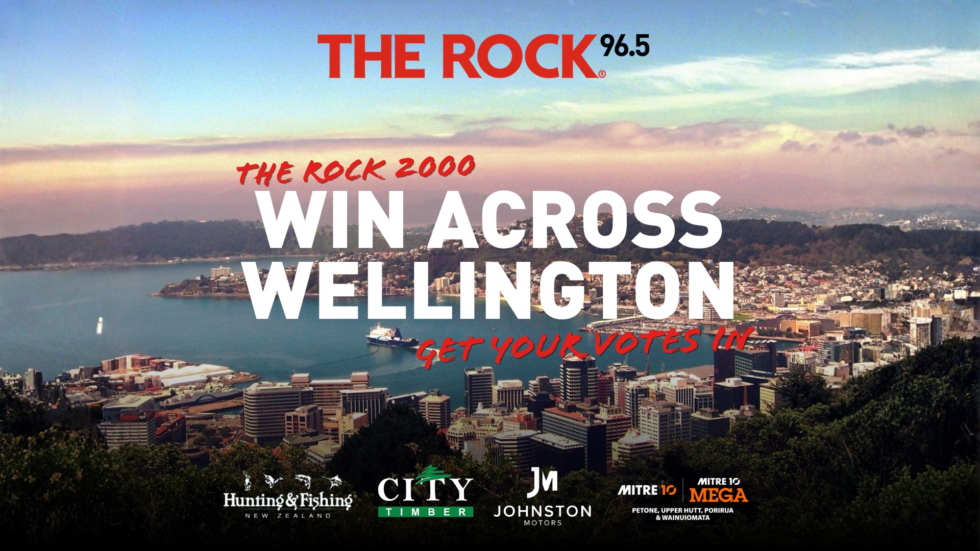 A panoramic view of Wellington city and harbor at sunset, overlaid with large text "WIN ACROSS WELLINGTON GET YOUR VOTES IN" and sponsor logos at the bottom.