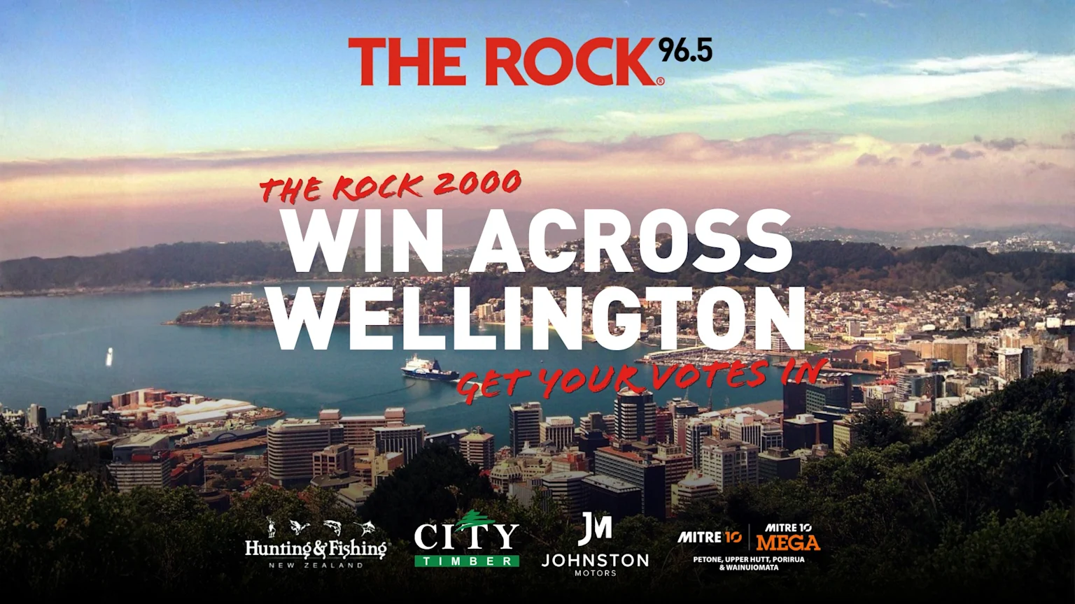 A panoramic view of Wellington city and harbor at sunset, overlaid with large text "WIN ACROSS WELLINGTON GET YOUR VOTES IN" and sponsor logos at the bottom.