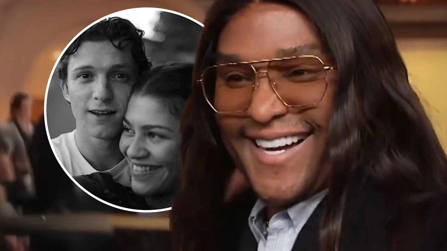 Smiling Law Roach with long hair and amber glasses, shown next to a circular black-and-white image of a smiling Tom Holland and Zendaya.