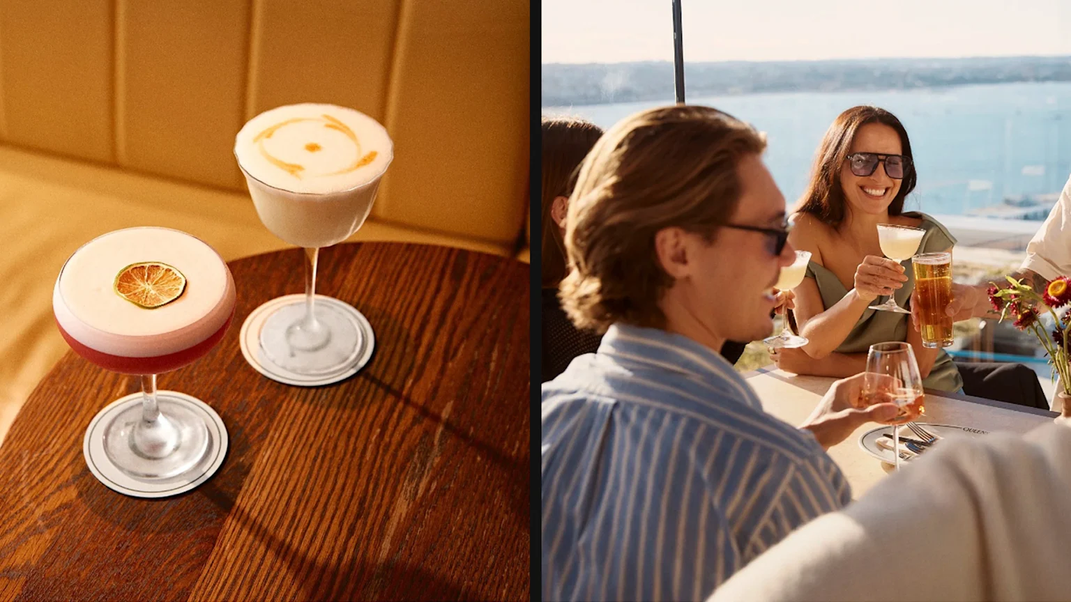 Two images side-by-side. Left image shows two cocktails on a wooden table. Right image shows a group of friends in enjoying a drink on a rooftop bar overlooking harbour views.