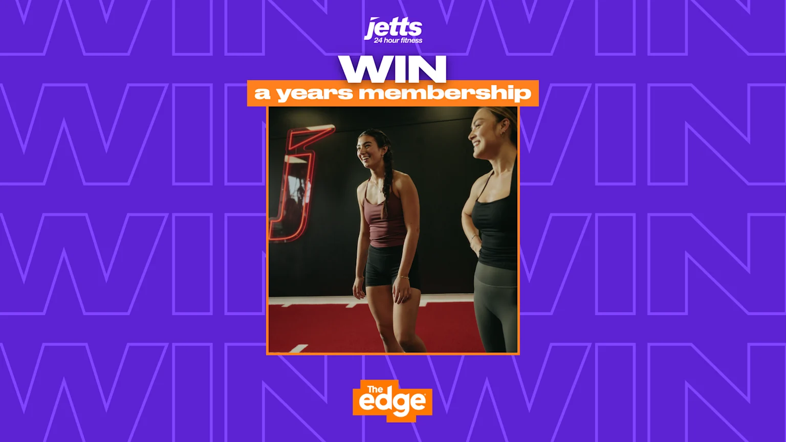 An ad featuring two smiling women in activewear at a gym, with the Jetts and The Edge logos, and text "WIN a years membership" over a purple background patterned with "WIN".