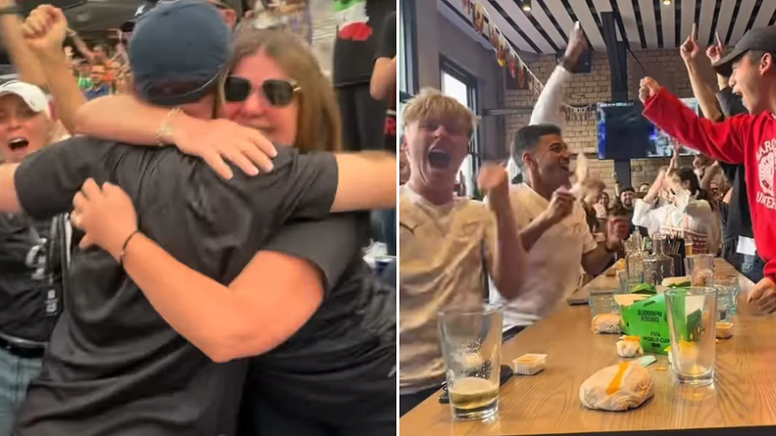 A split image shows two scenes of fans celebrating: on the left, a man and woman embrace as others cheer; on the right, a group in a bar passionately celebrates with raised arms and shouts, amidst drinks and snacks.