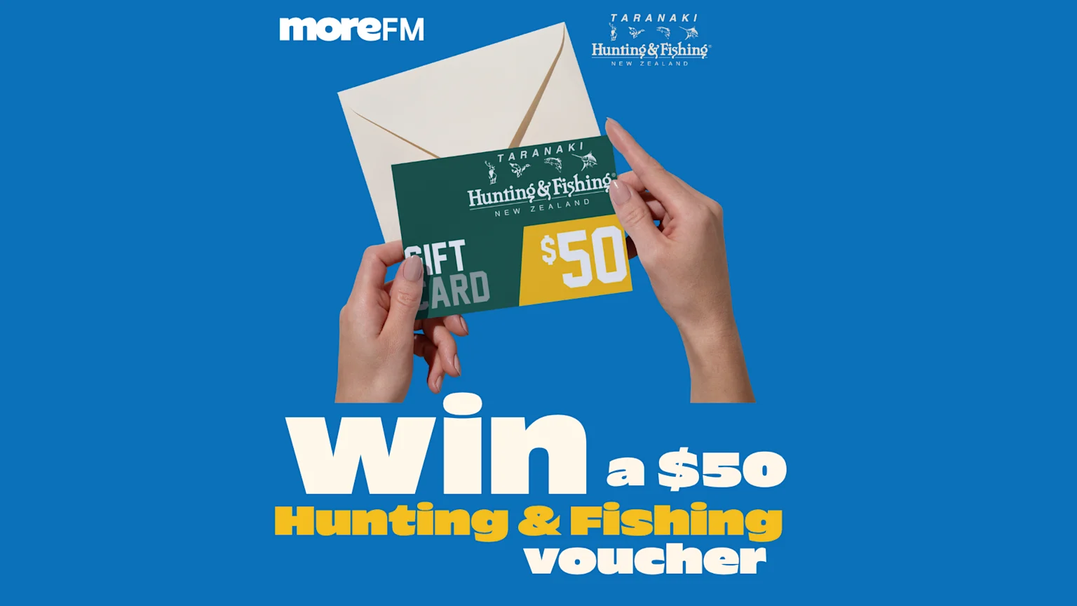 An image on a blue background shows two hands holding a green gift card displaying "$50" and the "Hunting & Fishing" logo, with the text "win a $50 Hunting & Fishing voucher" below.
