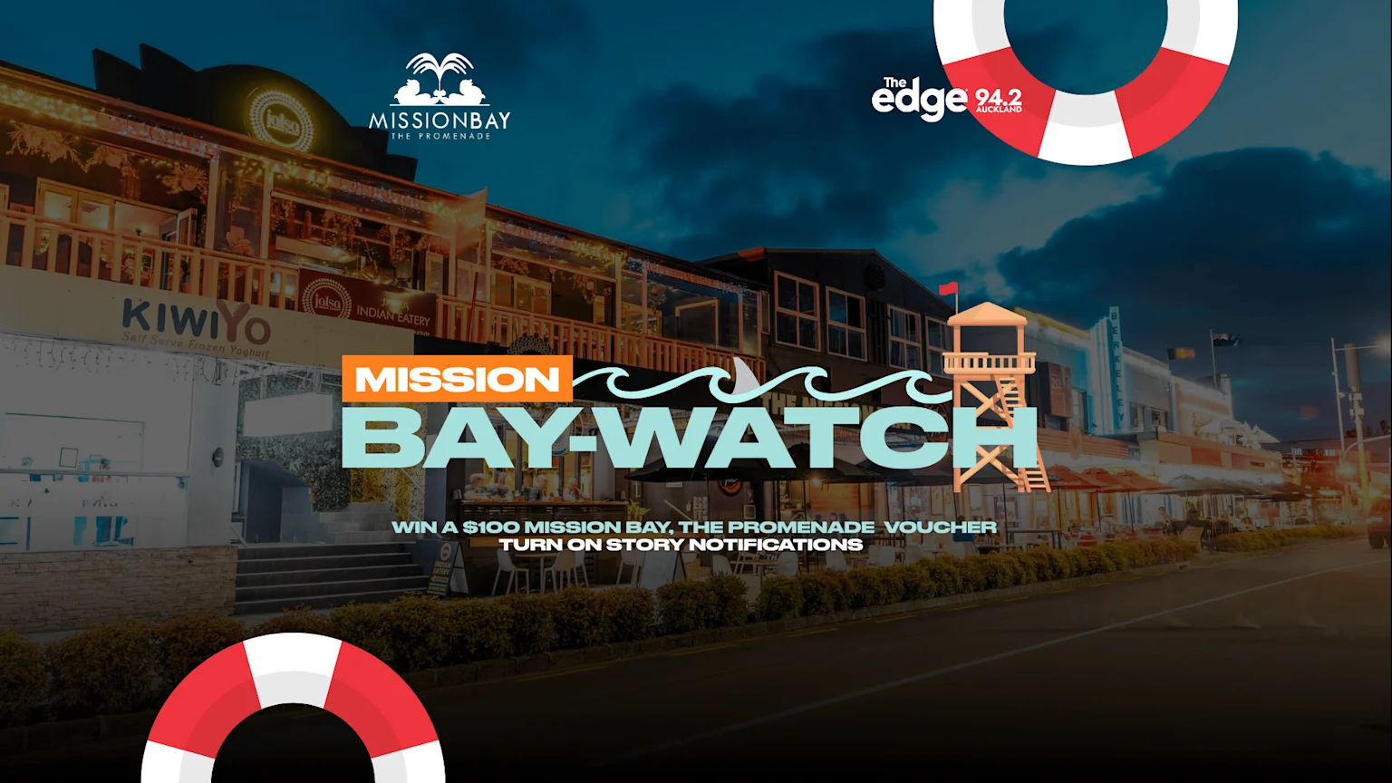 A promotional image for "MISSION BAY-WATCH" shows a lifeguard tower, waves, shark fin, and lifebuoys over a street scene with lit-up buildings at dusk, advertising a $100 Mission Bay voucher and featuring The Edge 94.2 logo.