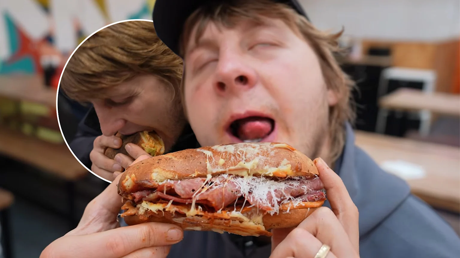 Picture of UFC fighter Paddy Pimblett making googly eyes at a meatball sandwich, with a photo of him eating a big burger in a circle next to that.