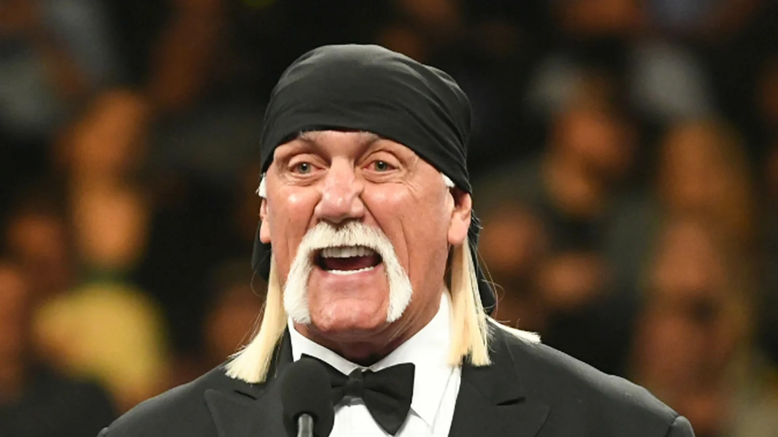 Hulk Hogan, wearing a black bandana, suit, and bow tie, with his blonde hair, mustache, and goatee, speaks into a microphone with his mouth open.