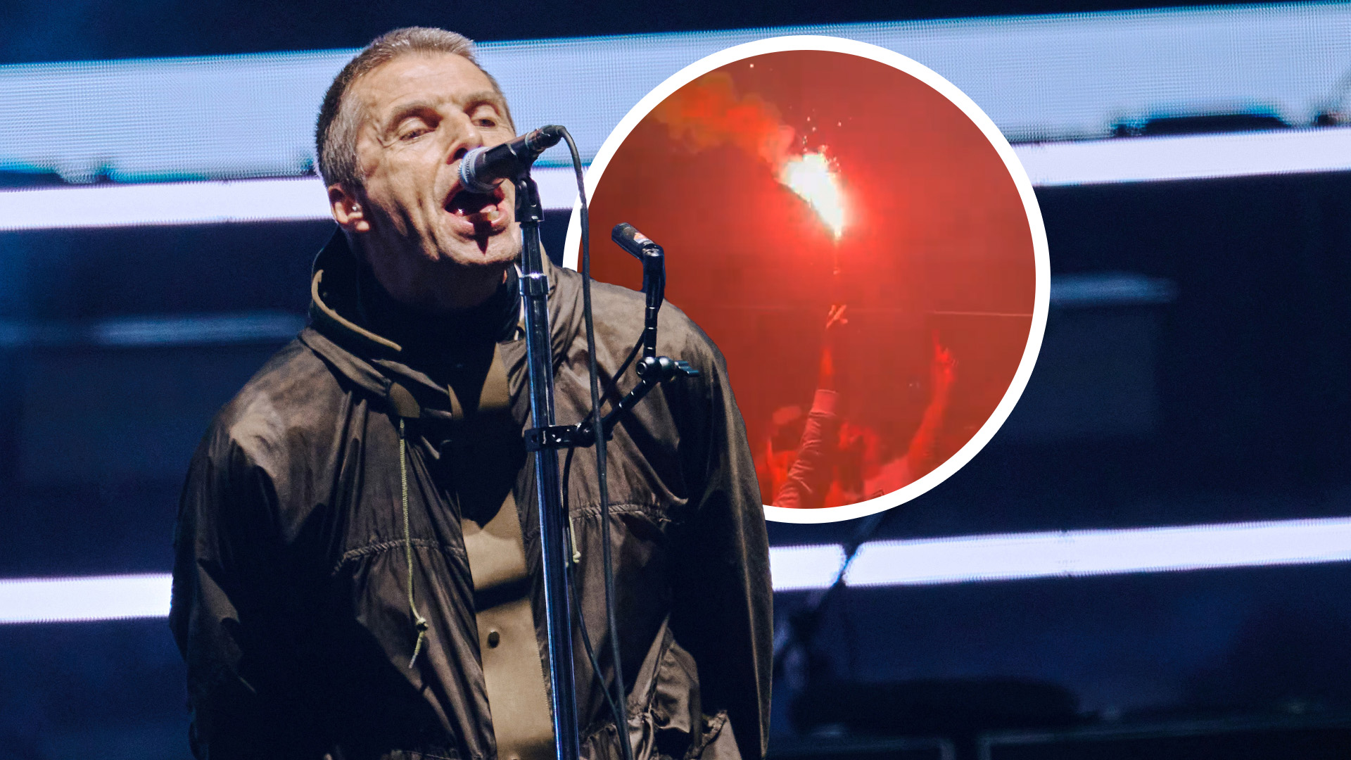 Liam Gallagher on stage, photo of the flare in the crowd at their Melbourne gig