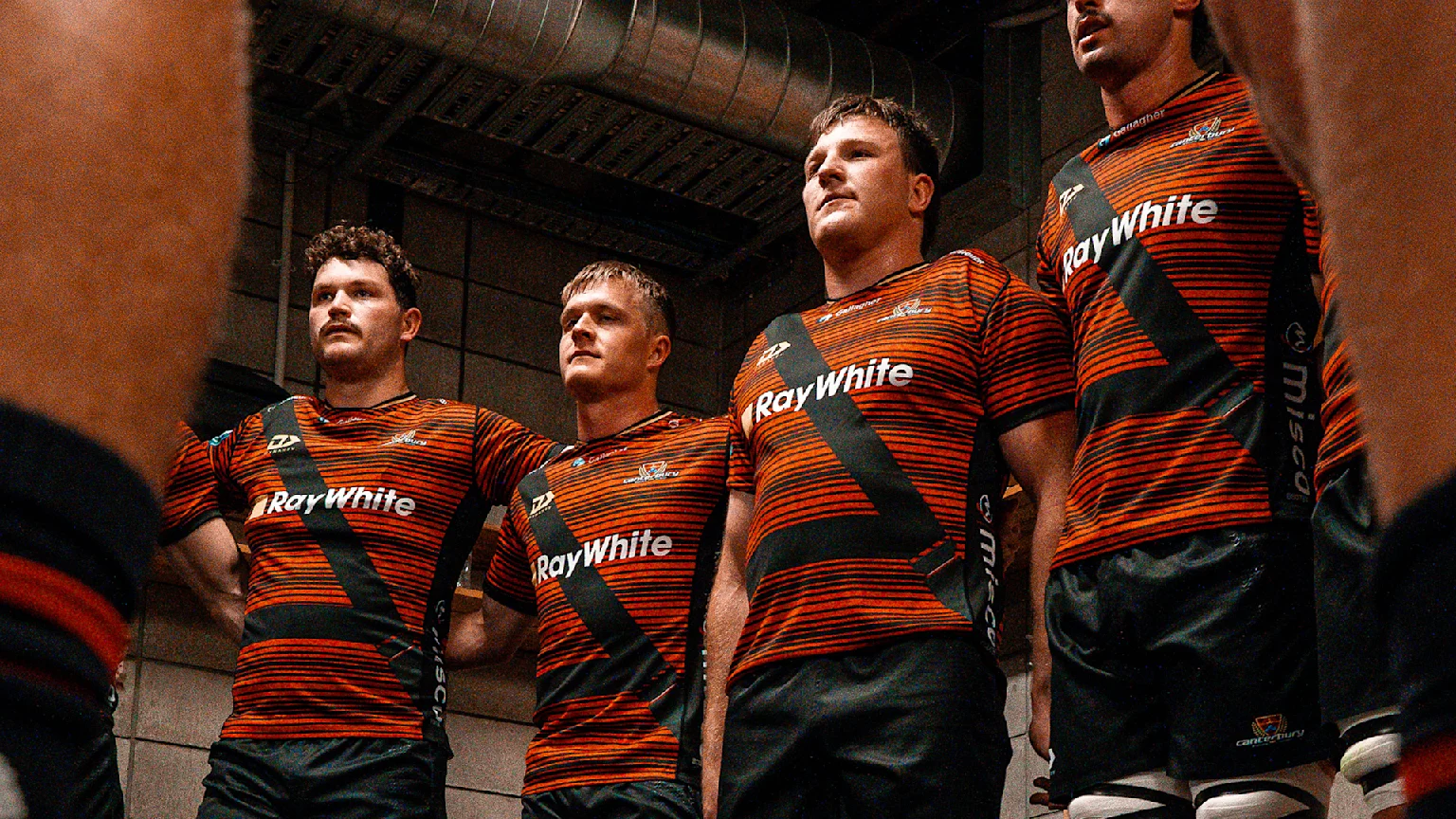Canterbury Rugby Union squad wearing unique seatbelt striped jersey for NPC match against Northland.