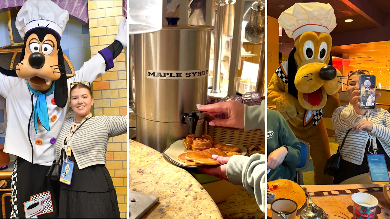 Left - Goofy and I taking a picture in Goofy's Kitchen, Disneyland Resort, California
Middle - A tank of maple syrup
Right - Taking a selfie with Pluto at the breakfast table