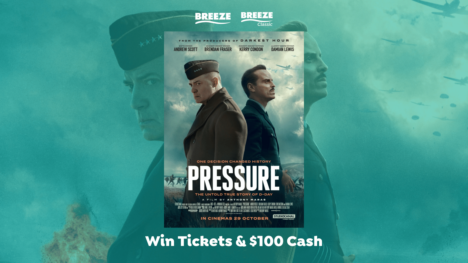A movie poster for "PRESSURE" featuring two men in military uniforms, with text "IN CINEMAS 29 OCTOBER" and "Win Tickets & $100 Cash" below.