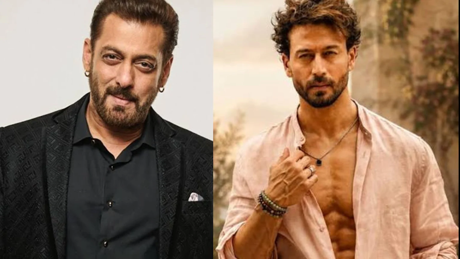 A split image features Indian actors, Salman Khan on the left wearing a black blazer and shirt, and Tiger Shroff on the right in an unbuttoned pink shirt revealing his abs.