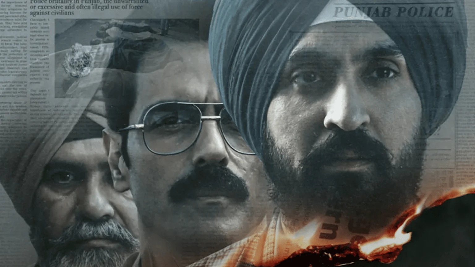 Dramatic poster showing three South Asian men, two in turbans, overlaid with newspaper text mentioning "Police brutality in Punjab" and "PUNJAB POLICE", with flames at the bottom.