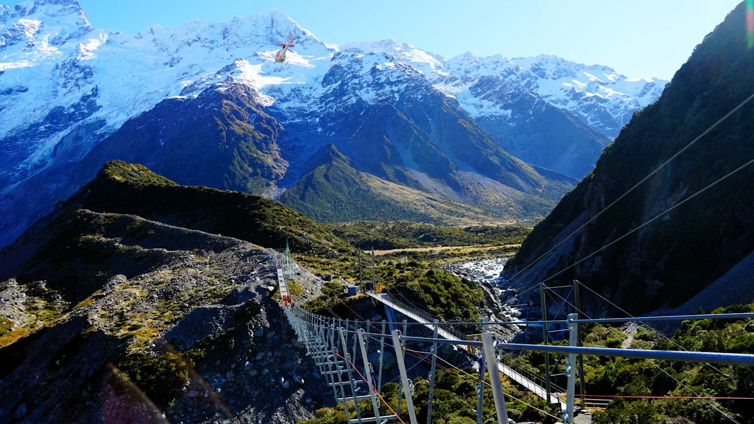 Multiple modern suspension bridges span a river in a mountainous valley with snow-capped peaks, a helicopter, and people crossing one bridge.