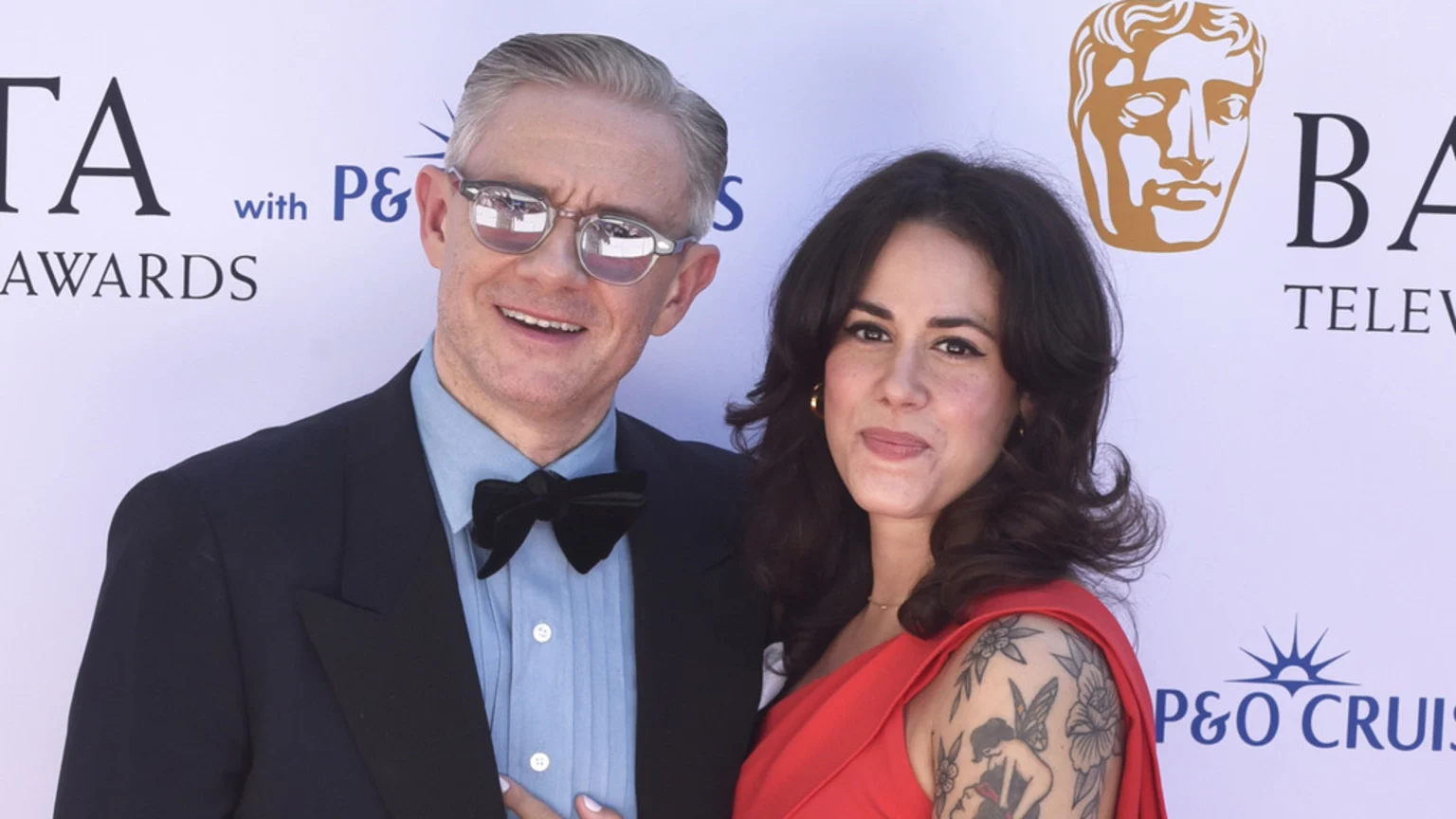 Actors Martin Freeman and Rachel Benaissa pose together on a white background with BAFTA Television Awards and P&O Cruises logos.