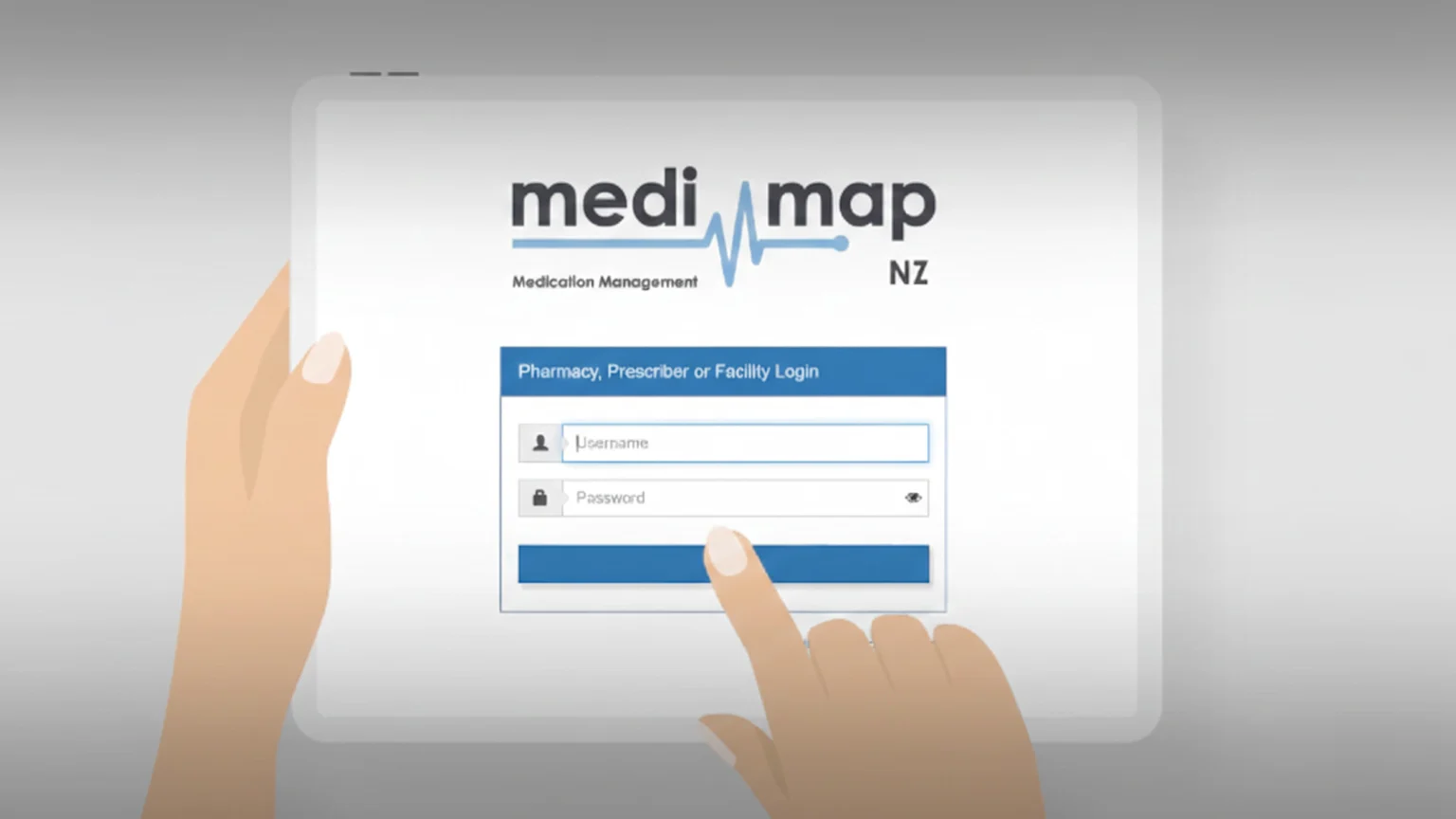 A cartoon hand holds a white tablet displaying the "MediMap NZ Medication Management" login screen with fields for username and password, while another cartoon hand taps the screen.