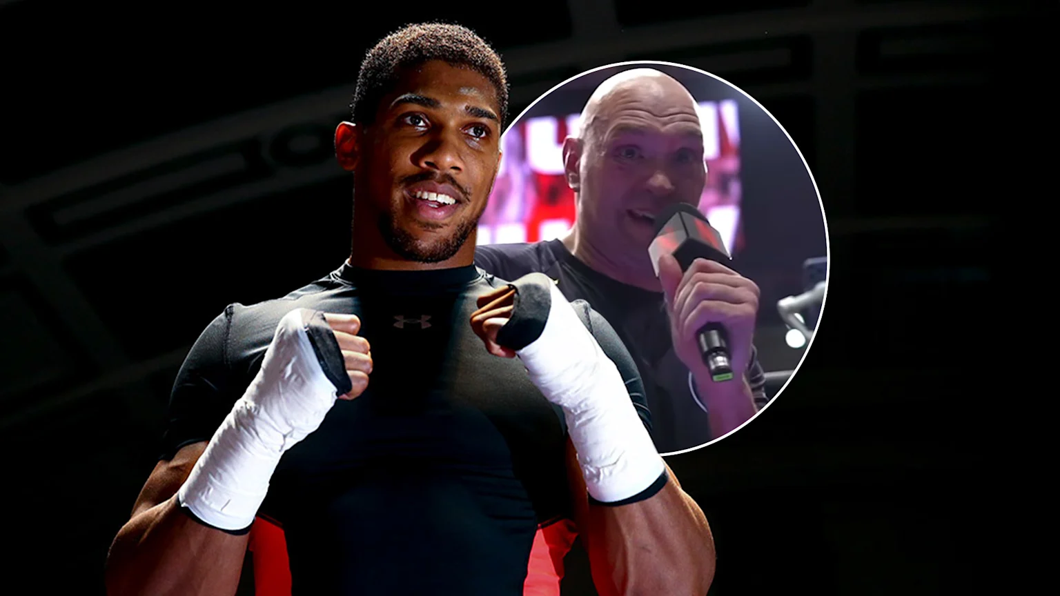 Anthony Joshua, wearing a black shirt and white wrist wraps, poses while a circular inset shows Tyson Fury speaking into a microphone.