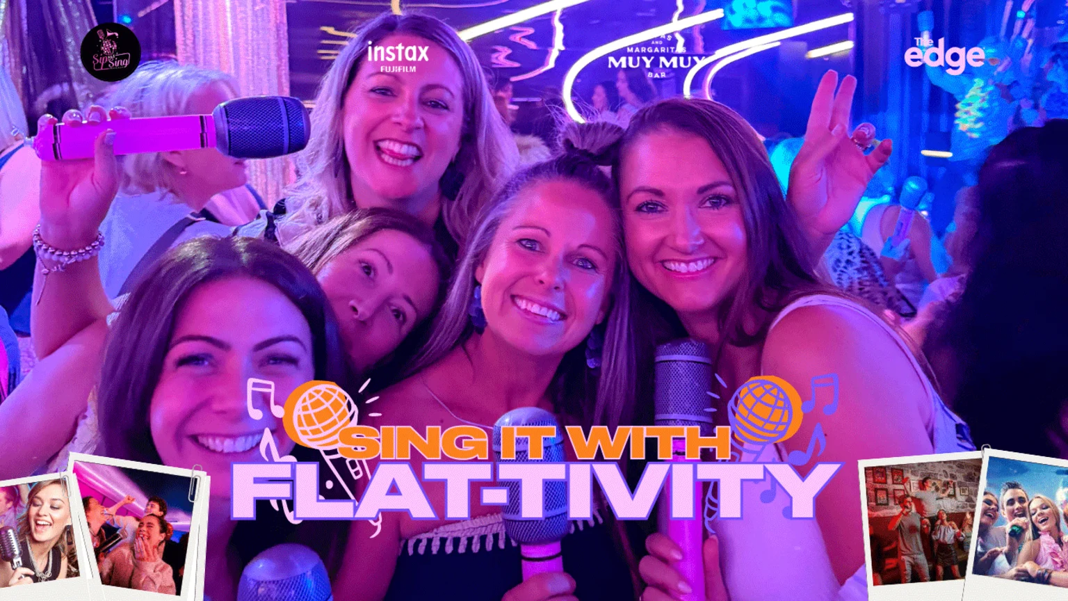 A group of smiling women holding microphones are enjoying a vibrant karaoke event in a bar, with "SING IT WITH FLAT-TIVITY" text and various brand logos overlaid.