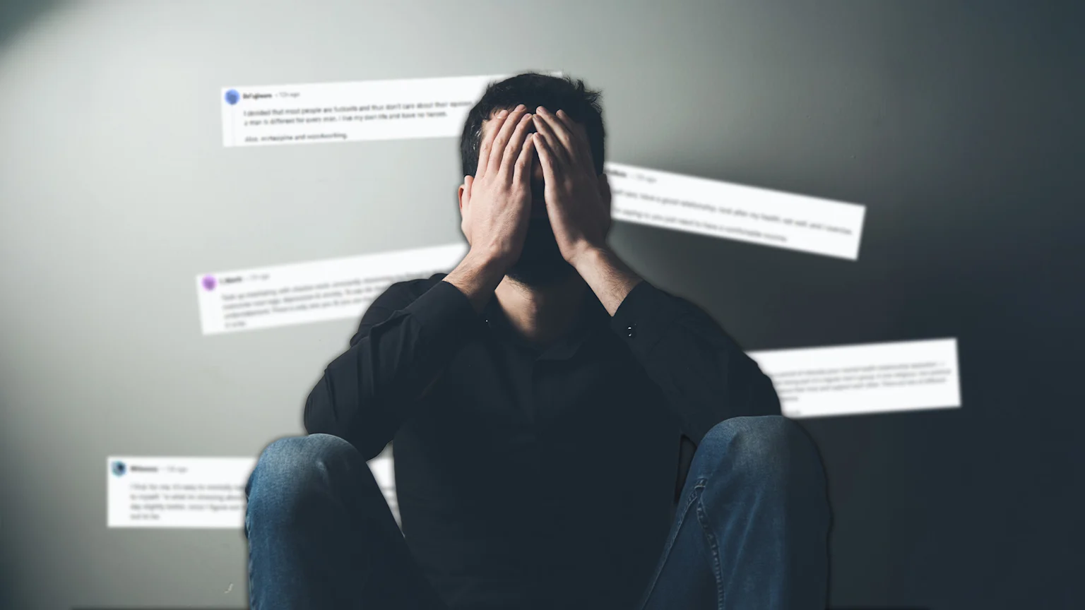 Picture of man sitting with his head in his hands, with screenshots of blurred mental health pics, taken off reddit, chucked in the picture around the man,