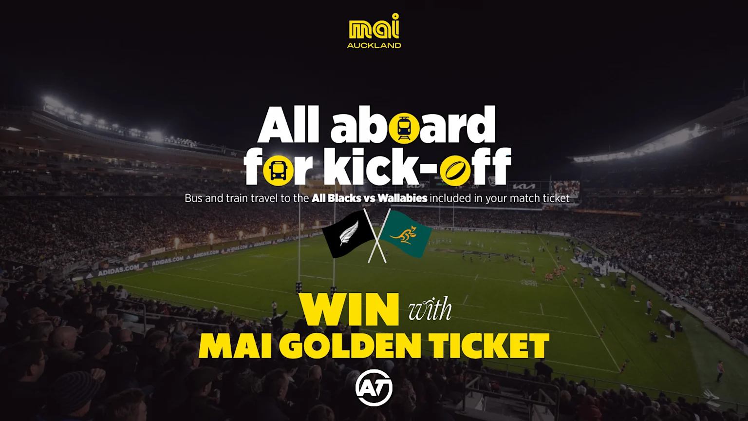A night stadium view with floodlights shows a rugby match, New Zealand and Australian flags, and text "All aboard for kick-off" and "WIN with MAI GOLDEN TICKET" promoting match travel.
