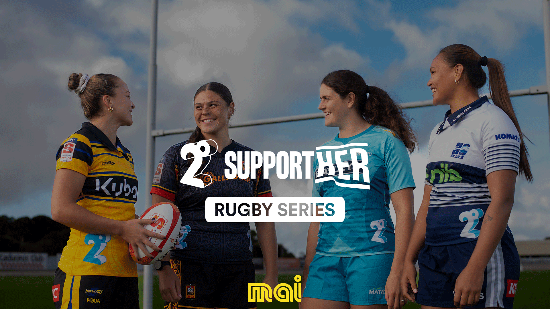 Four smiling wāhine rugby players in different team uniforms stand on a field, one holding a ball, with "2° SUPPORTHER RUGBY SERIES" text overlay.