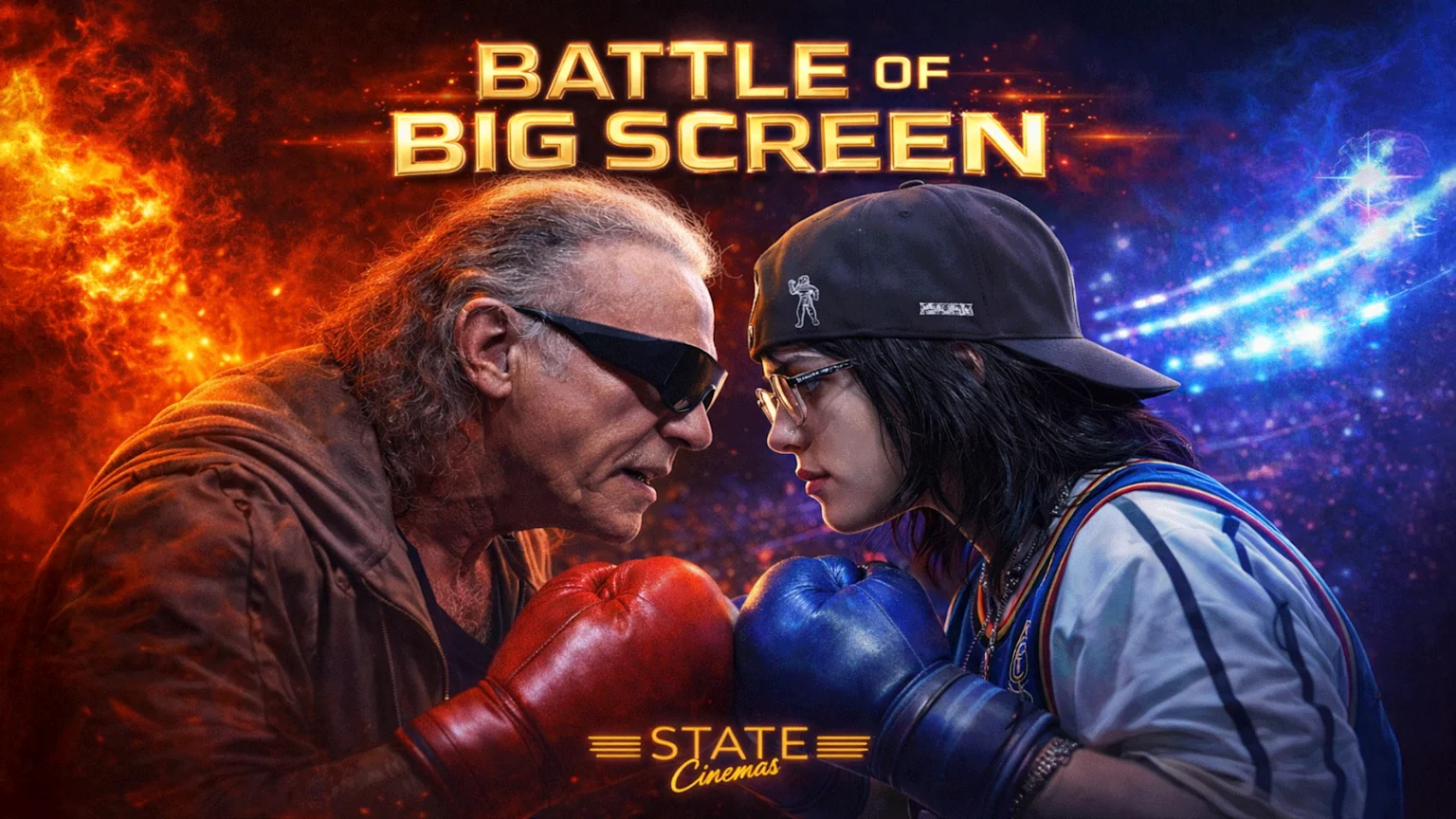 An older man and a younger woman wearing boxing gloves face off intensely, backed by fiery red and sparkling blue lights, with "BATTLE OF BIG SCREEN" and "STATE Cinemas" text.