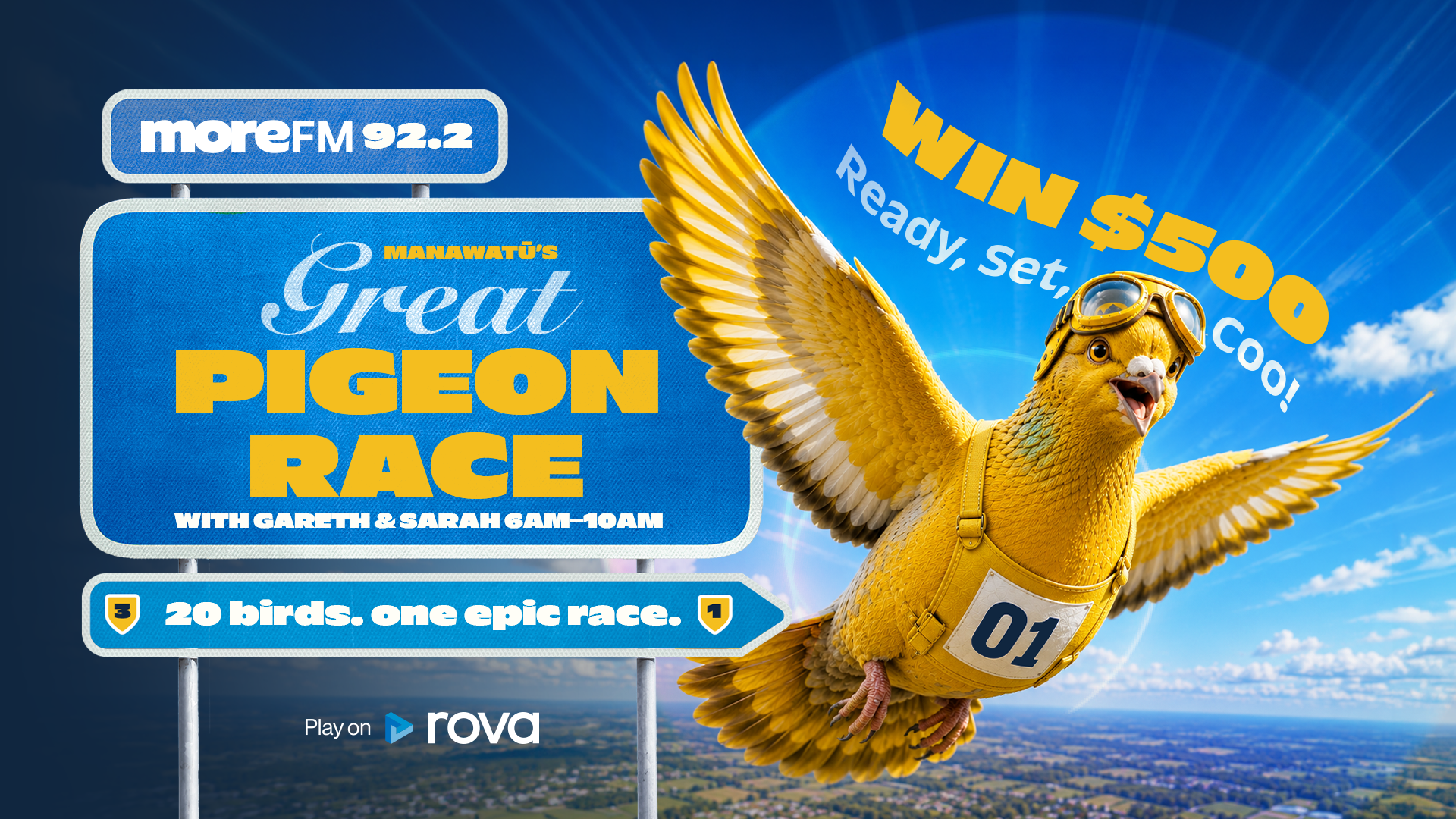 A yellow pigeon in aviator goggles and a racing bib flies under a sunny sky, alongside a sign for "MoreFM 92.2 Manawatu's Great Pigeon Race," with the text "Ready, Set, Coo!"