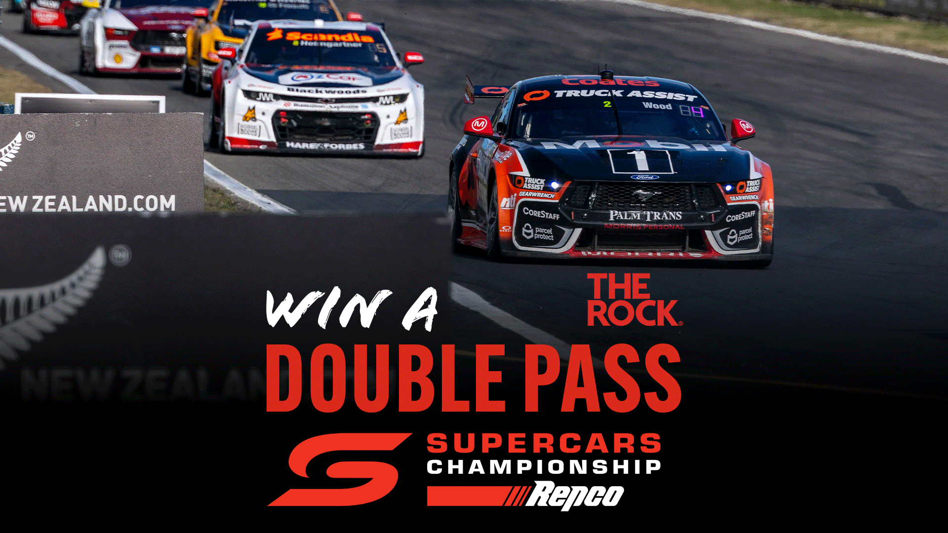 Several Supercars race on a track, including a black and orange Ford Mustang #1 and a white Chevrolet Camaro #2, with text overlay "WIN A DOUBLE PASS Supercars Championship".