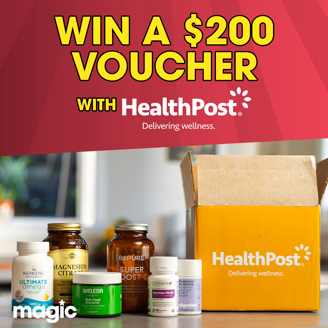 'Win a $200 voucher' text above image of health supplements on a kitchen counter. 