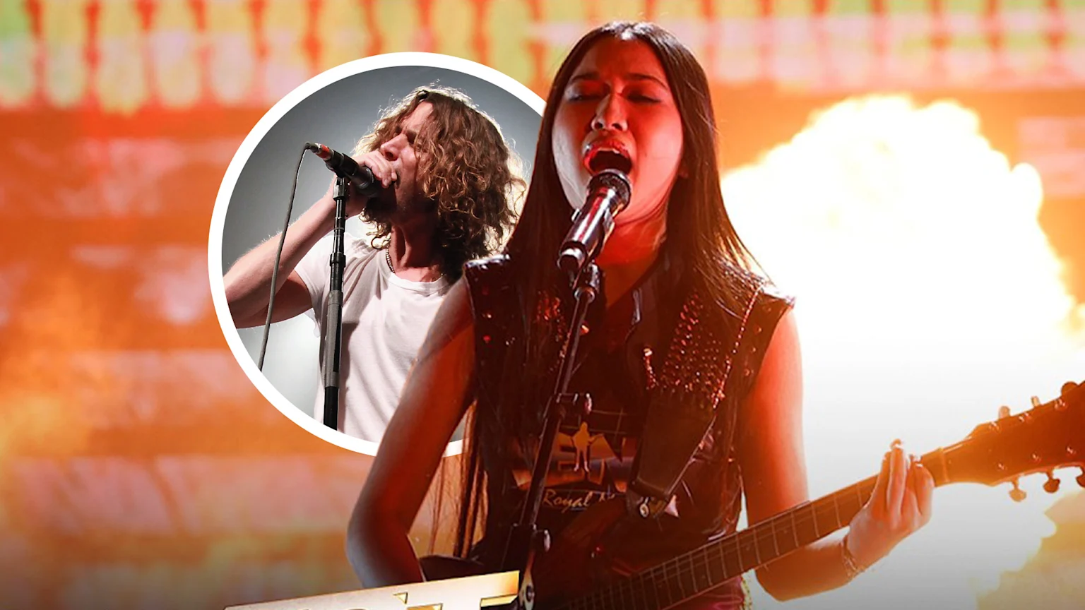 A young woman in a studded vest sings into a microphone while playing an acoustic guitar on a stage with bright orange lights and a fire effect, alongside an inset of a man with curly hair singing.