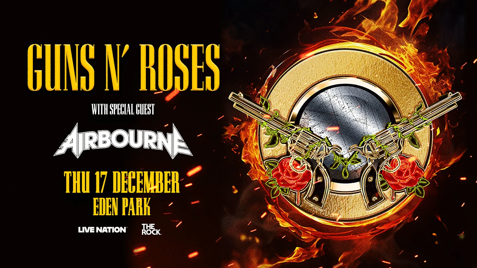 A concert poster for Guns N' Roses and special guest Airbourne, showing the event date Thu 17 December at Eden Park, alongside a logo of revolvers, roses, and vines on a fiery background.