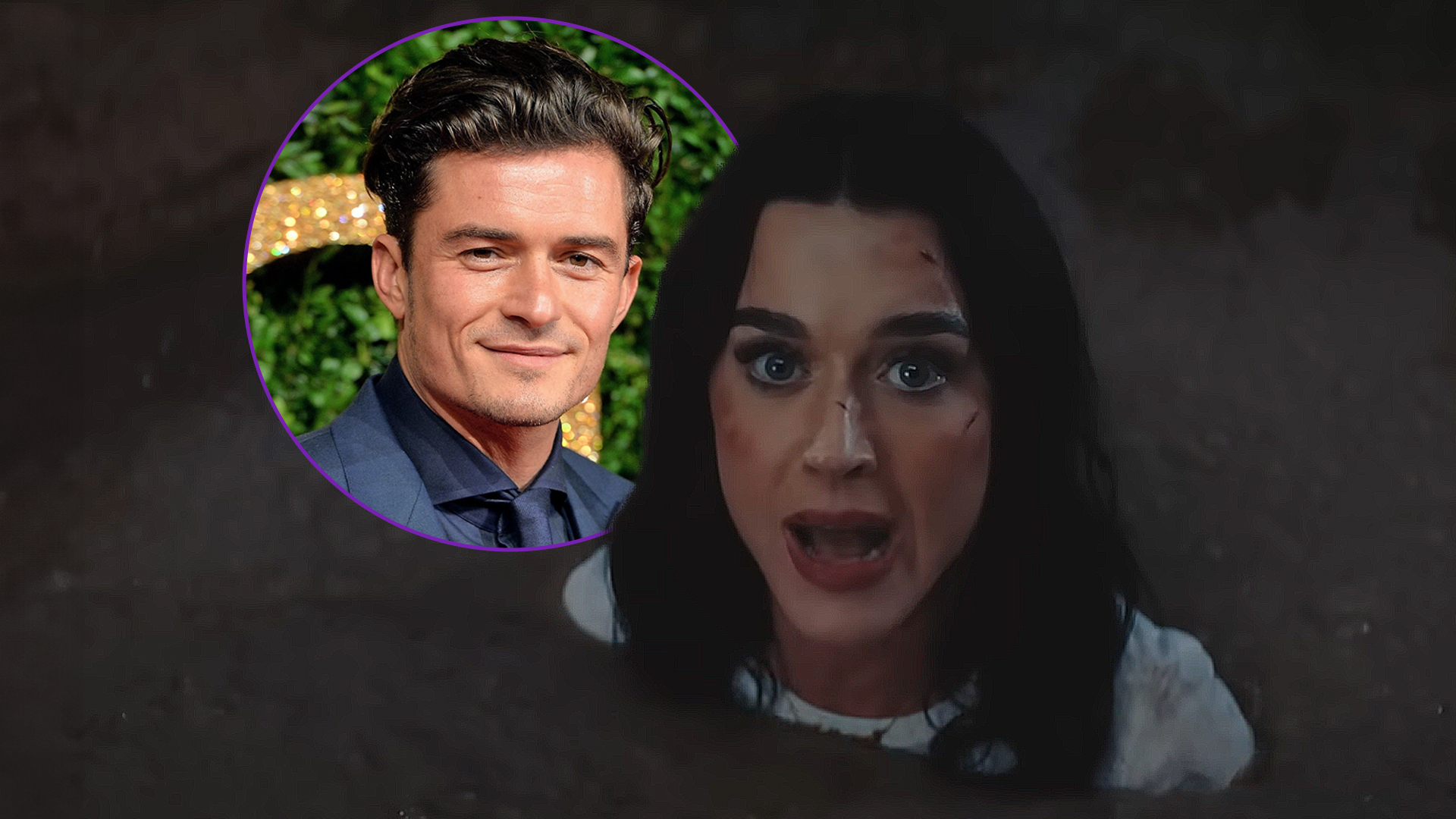 Katy Perry in a still from her music video 'Bandaids' with an inserted photo of Orlando Bloom