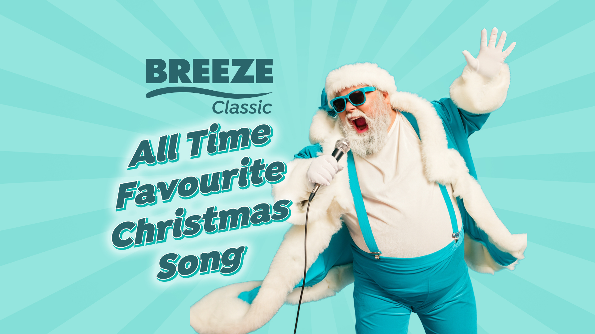 Santa in turquoise singing with microphone