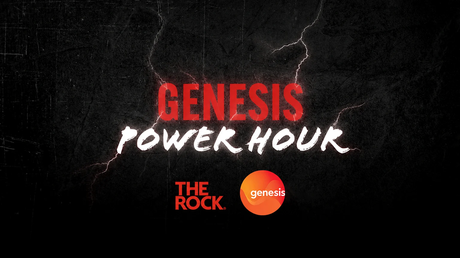 A dark, distressed background with lightning bolts features "GENESIS" in red, "POWER HOUR" in glowing white, and logos for "THE ROCK" and "genesis".