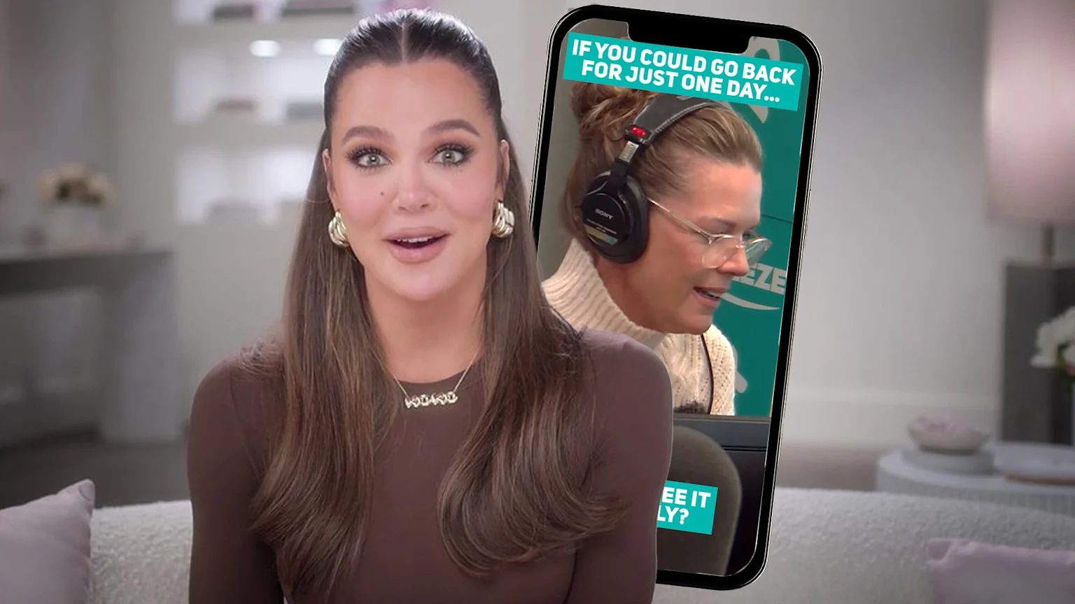 Shocked clip of Khloe Kardashian with a phone layered behind showing a popular Instagram reel of The Breeze Auckland's Jeanette Thomas talking in studio.