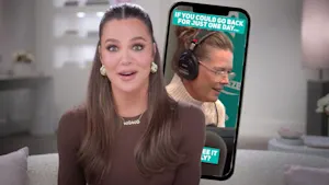 Shocked clip of Khloe Kardashian with a phone layered behind showing a popular Instagram reel of The Breeze Auckland's Jeanette Thomas talking in studio.