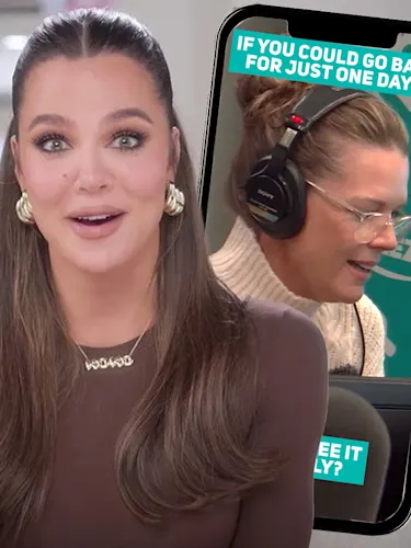 Shocked clip of Khloe Kardashian with a phone layered behind showing a popular Instagram reel of The Breeze Auckland's Jeanette Thomas talking in studio.