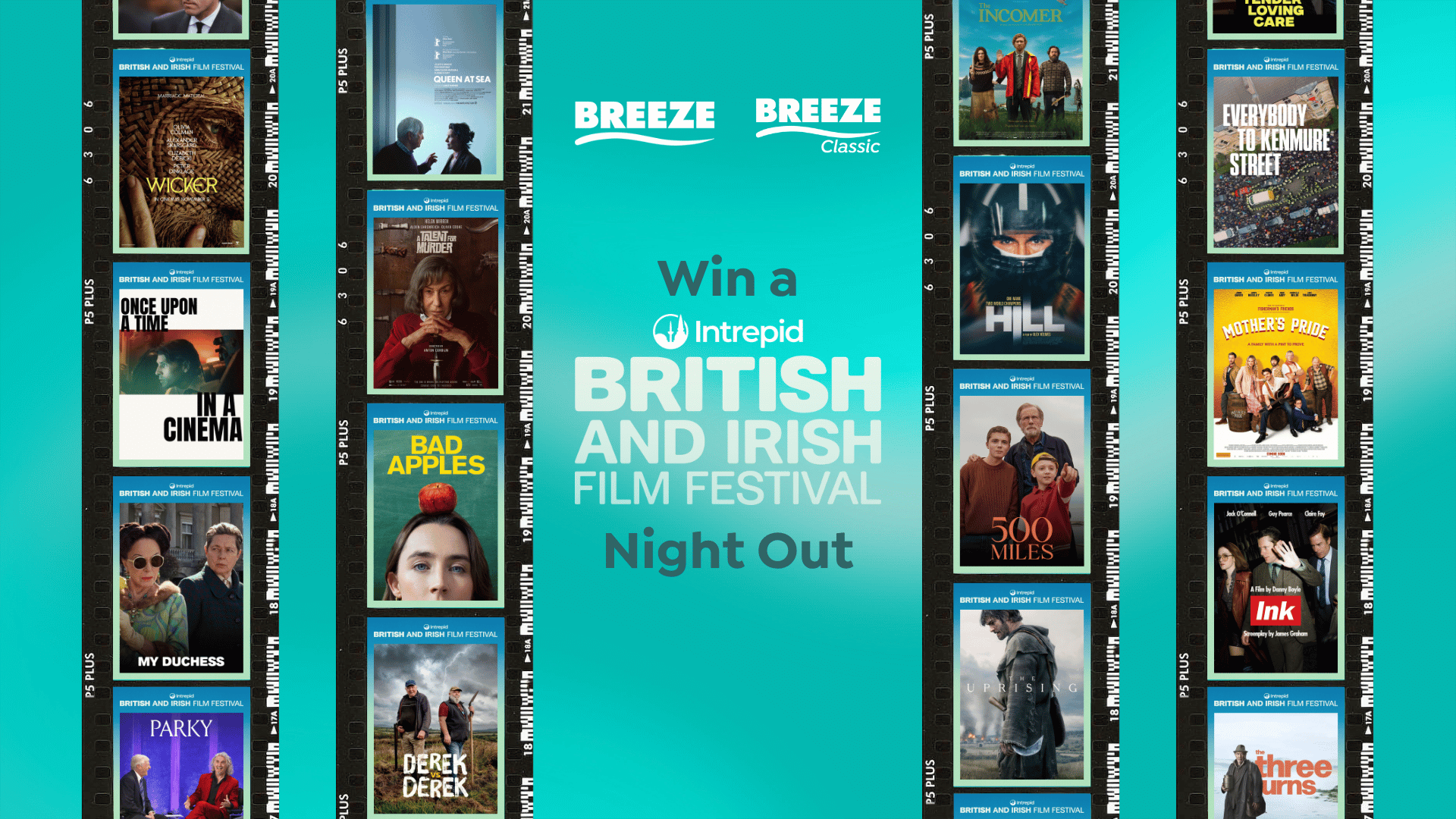 A collage of film posters from the British and Irish Film Festival on filmstrips frames a teal banner promoting a "Win a Intrepid British and Irish Film Festival Night Out" contest with Breeze logos.