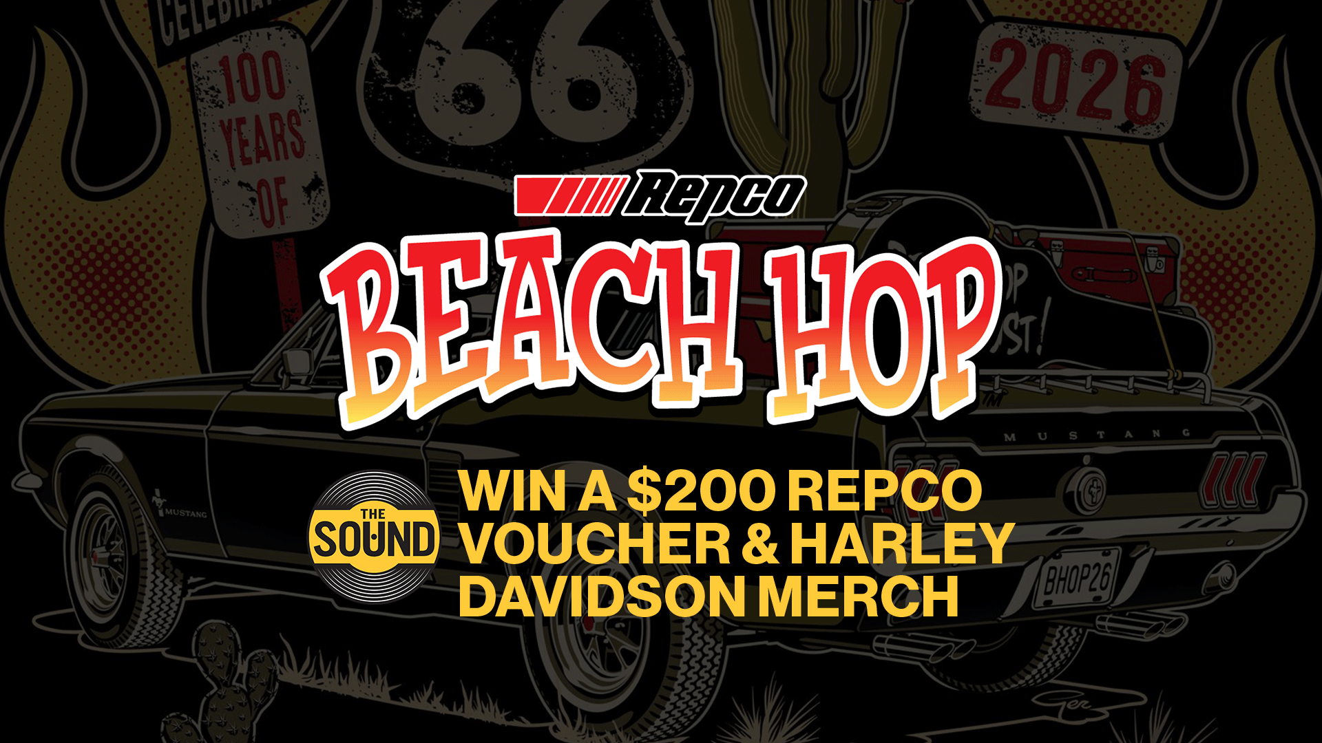 A vintage black car with luggage on the trunk, "Repco Beach Hop" text, and "Win a $200 Repco voucher & Harley Davidson merch" against a desert road trip background with Route 66 and 2026 signs.