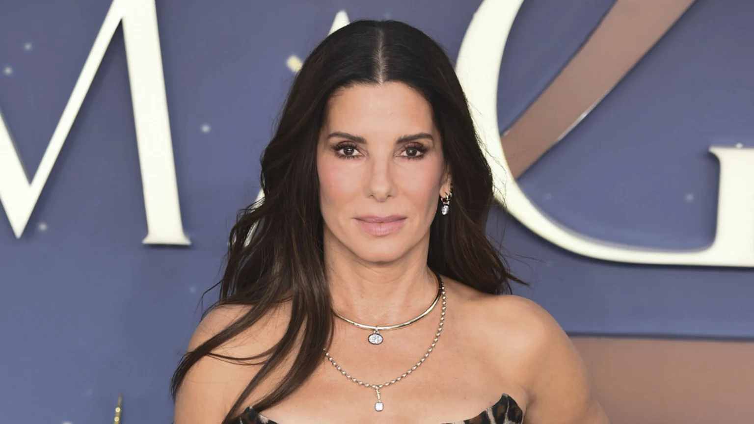 Actress Sandra Bullock with long dark hair, wearing a strapless animal print top, layered necklaces, and earrings, against a blue background with blurry white letters.