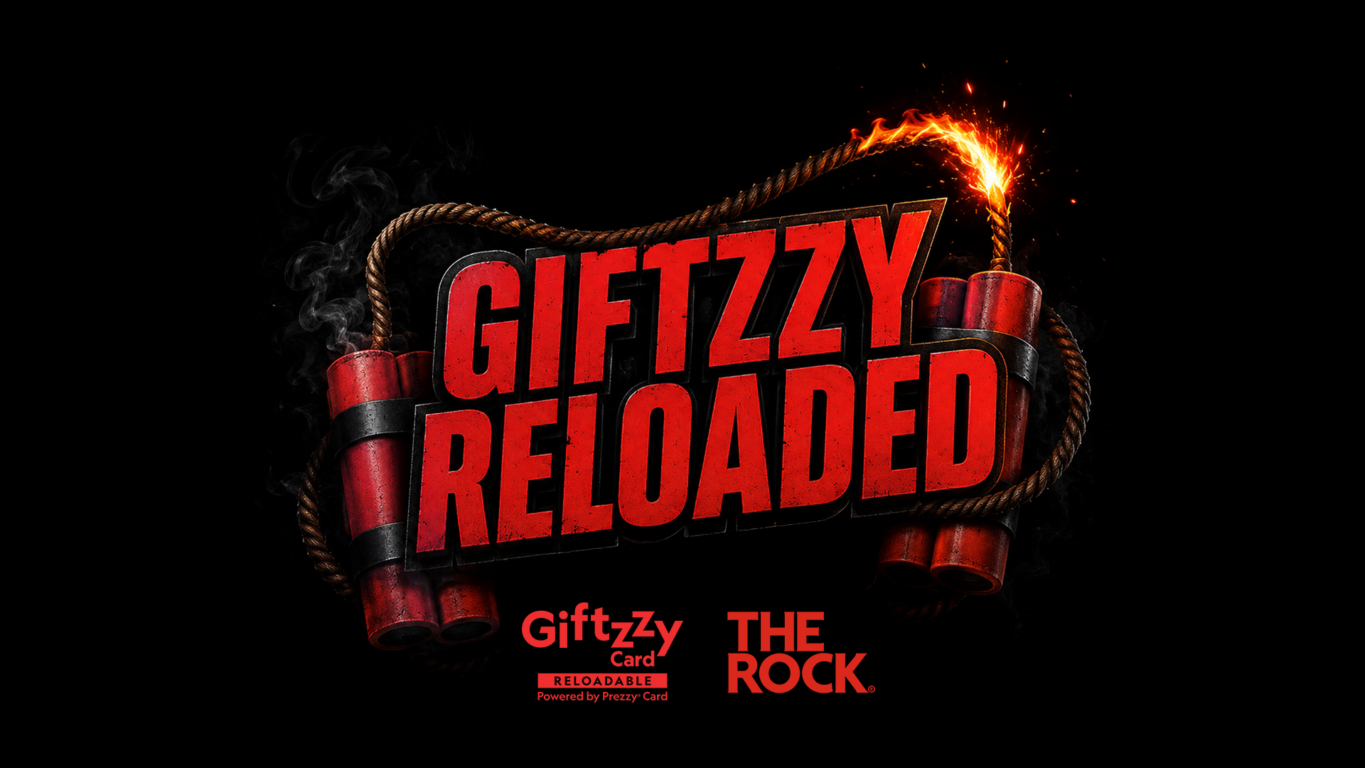 Red, gritty text reads "GIFTZZY RELOADED", framed by dynamite sticks, ropes, and a sparking fuse, against a black background, with smaller Giftzzy Card and THE ROCK logos below.