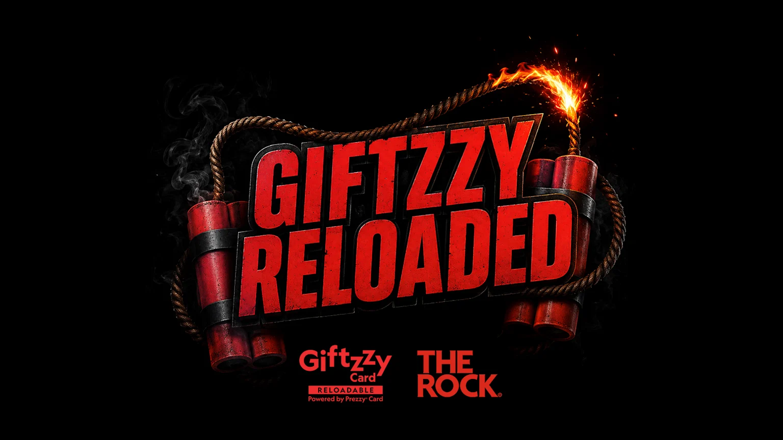Red, gritty text reads "GIFTZZY RELOADED", framed by dynamite sticks, ropes, and a sparking fuse, against a black background, with smaller Giftzzy Card and THE ROCK logos below.