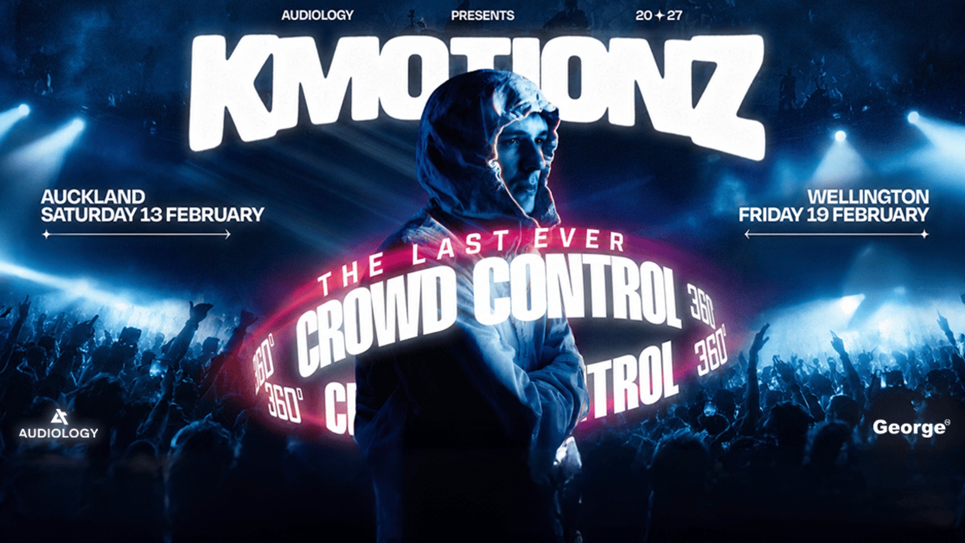 A music poster features a hooded artist in front of a cheering crowd, with large white text "KMOTIONZ" and "THE LAST EVER CROWD CONTROL", and event dates for Auckland and Wellington.