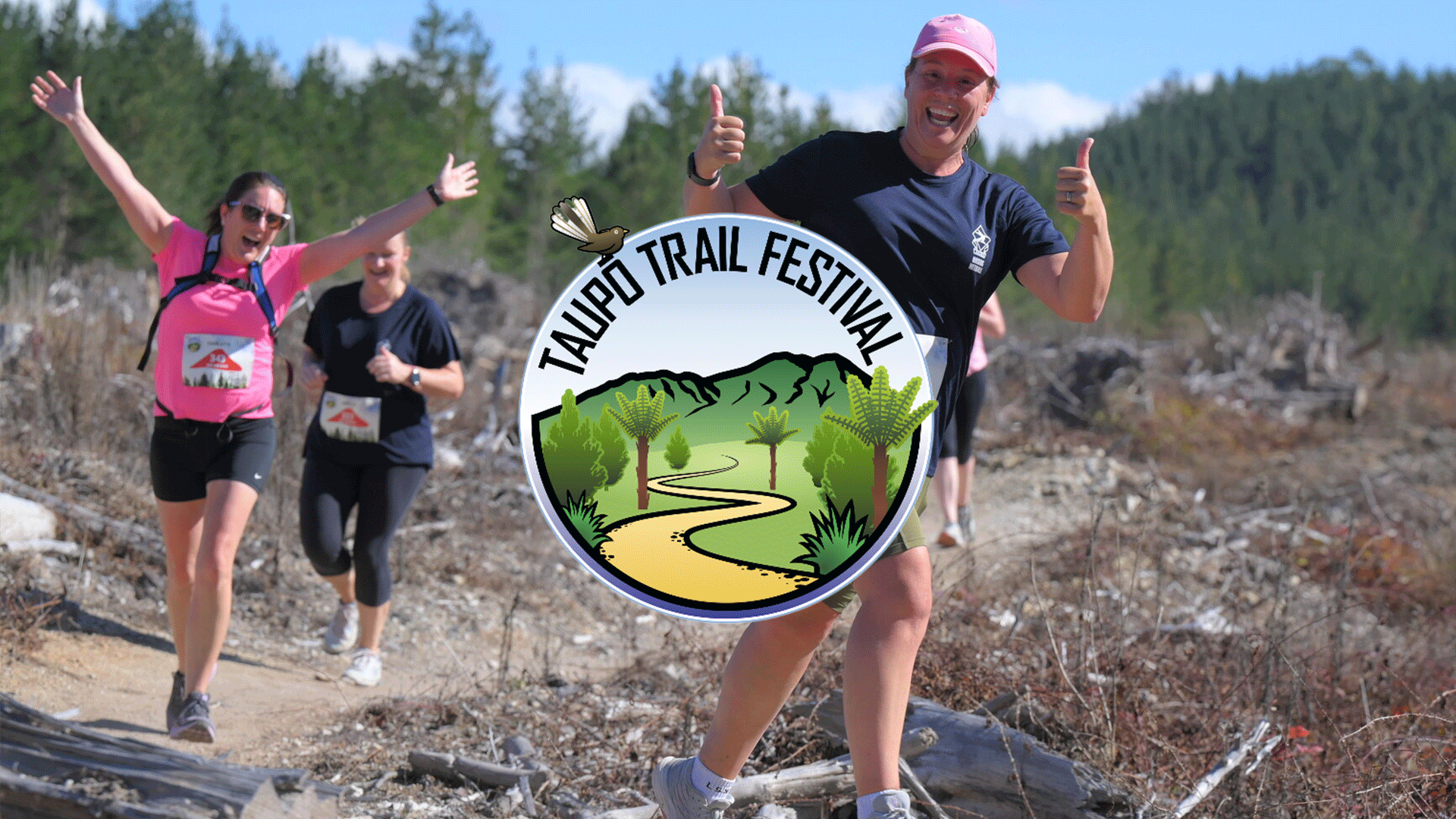 Three happy women enthusiastically run on a sunny dirt trail through a forest area, with one raising her arms and another giving a thumbs-up, and a 'Taupo Trail Festival' logo overlaid.