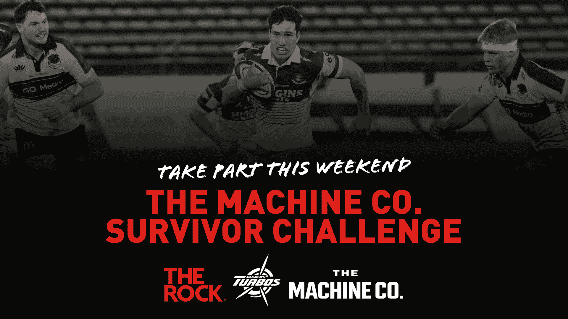 Darkened image of three rugby players with text "TAKE PART THIS WEEKEND THE MACHINE CO. SURVIVOR CHALLENGE" in white and red, alongside sponsor logos.