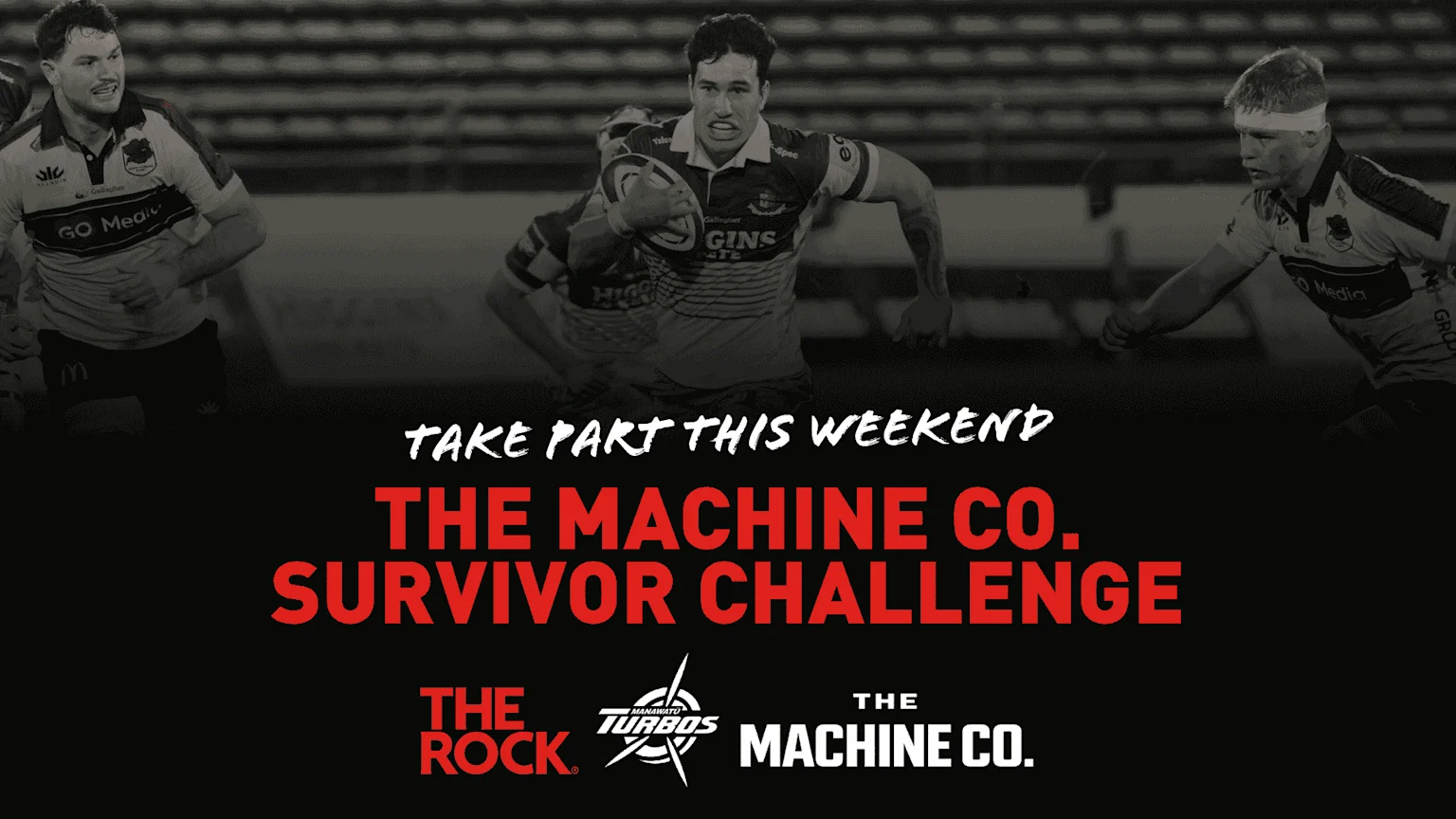 Darkened image of three rugby players with text "TAKE PART THIS WEEKEND THE MACHINE CO. SURVIVOR CHALLENGE" in white and red, alongside sponsor logos.