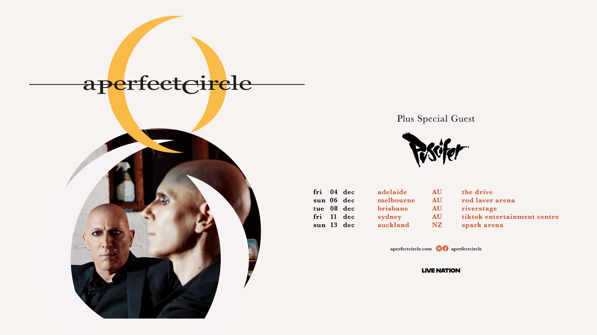 A tour poster for A Perfect Circle featuring their golden logo, two bald men in suits, a list of Australian and New Zealand tour dates in December, and Puscifer as a special guest.