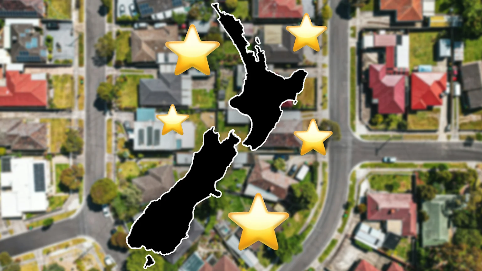 Aerial view of a suburban neighborhood with houses and roads, overlaid with black silhouettes of New Zealand's North and South Islands and five yellow star emojis.