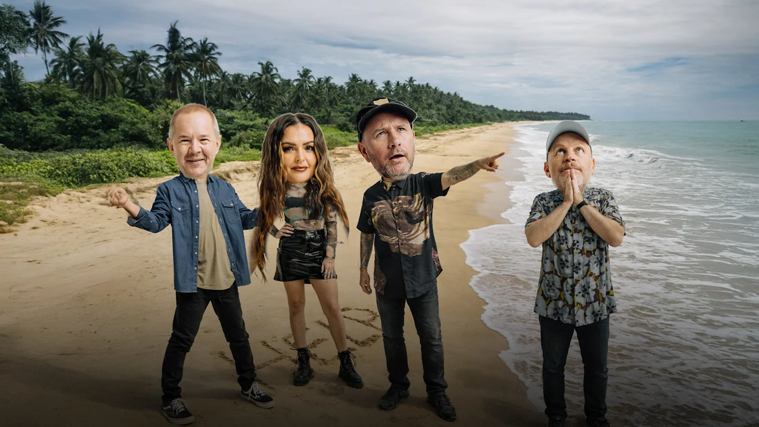 Four people with cartoonishly large heads stand on a sandy beach with palm trees and ocean, with "HELP" written in the sand.